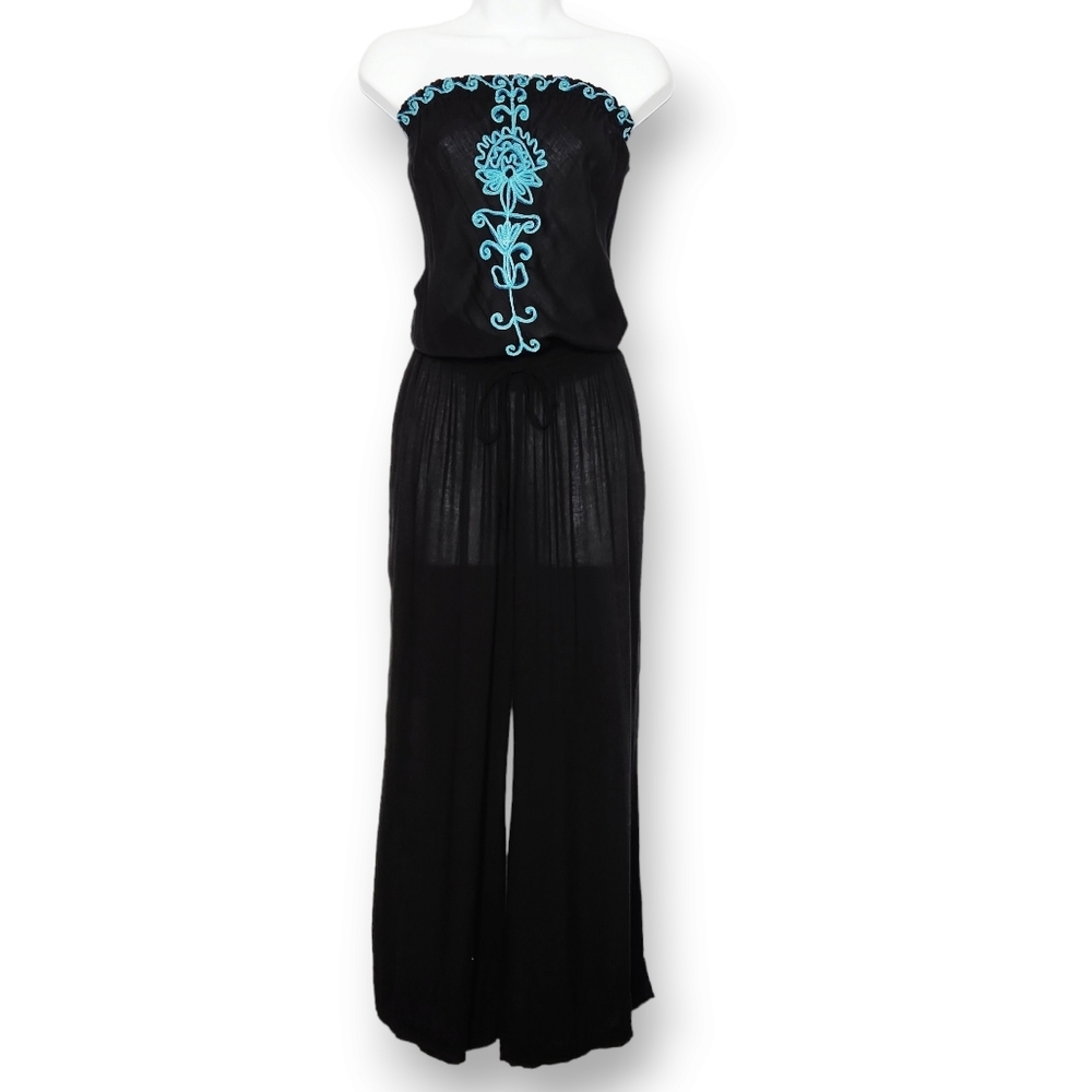 Poupette St. Barth Black Blue Embroidered Sleeveless Jumpsuit Size XS